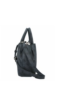 Sac à main noir texturé avec deux poignées et une bandoulière réglable, présentant un extérieur à motifs et des détails en métal argenté.