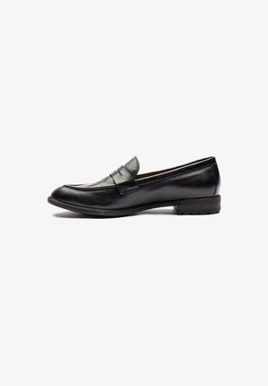 Black leather penny loafer with rounded toe and low stacked heel, shown in side profile on white background.