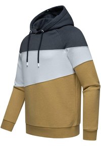Felpa con cappuccio caratterizzata da un design a blocchi di colore in blu navy, bianco e giallo senape. Realizzata in tessuto morbido con polsini e orlo a costine.