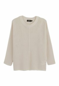 Pull en tricot beige à manches longues avec un col rond, un motif texturé et une couture verticale centrale sur le devant.
