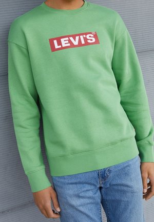 Osoba nosząca zieloną bluzę z czerwono-białym logo Levi's, stojąca na tle szarej ściany z poziomych paneli.