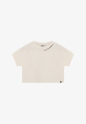 Maglietta corta in cotone color avorio con scollo rotondo, spalle scese e testo ricamato nero sul davanti. Etichetta in basso a sinistra.