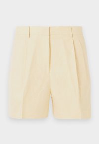 Μπεζ σορτς σε ρετρό στυλ με ψηλή μέση, πιέτες, θηλιές για ζώνη και εμπρόσθιο φερμουάρ σε ανοιχτό φόντο.