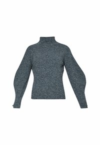 Pull gris côtelé avec un col montant, doté de manches bouffantes et d'un corps ajusté. Fabriqué à partir d'un tissu doux et texturé.