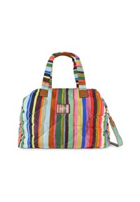 Sac fourre-tout matelassé avec des rayures verticales multicolores, doté de poignées en cuir marron et d'une bandoulière amovible. Tissu non texturé.