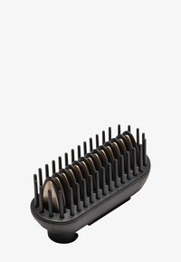 Svart hårbørste med flere lange, fine bust og jevne, avrundede kanter. Har et teksturert grep på sidene og en flat bunn for stabilitet.