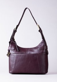 Leather handbag in deep burgundy with a single adjustable strap, smooth texture, and prominent stitching details. Features metal hardware accents.