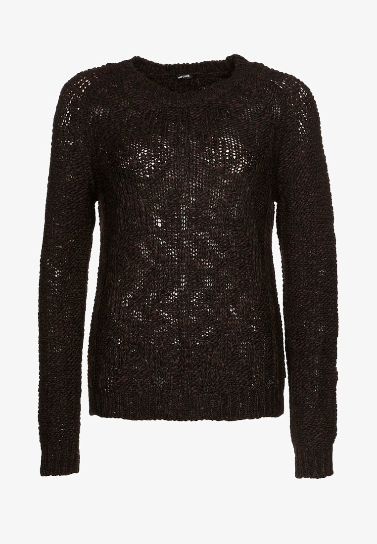 Pull noir en maille à manches longues avec motif torsadé et poignets et ourlet côtelés, présenté sur un fond blanc.