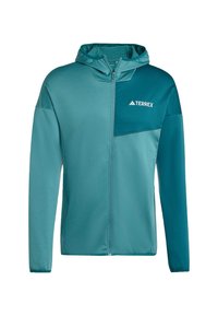 Teal Terrex hooded jacket featuring a zip front, textured fabric, and a contrasting panel with white branding on the chest.