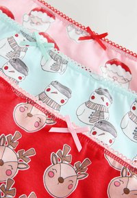 Farverigt festligt undertøj med print af Santa, snemand og rensdyr. Glat bomuld, elastisk talje med farvede sløjfer og blondedetaljer.