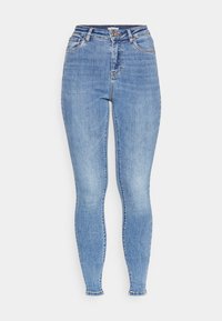 Jeans ajustados de mezclilla azul claro, con una cintura alta, diseño clásico de cinco bolsillos y un ligero desgaste. Pierna de corte ajustado con aberturas estrechas en los tobillos.