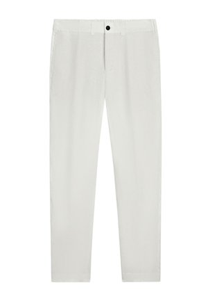 Pantalon blanc à jambe droite avec fermeture à bouton et fermeture éclair à l'avant, passants pour ceinture et poches latérales.