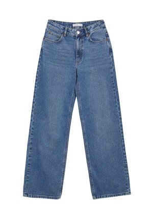 Jeans blu a gamba larga in denim, con vita alta, cinque tasche e chiusura con bottone, caratterizzati da marcature di cucitura visibili.