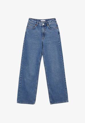 Jeans blu a gamba larga in denim, con vita alta, cinque tasche e chiusura con bottone, caratterizzati da marcature di cucitura visibili.