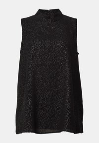 Sort ærmeløs bluse med høj hals og prikket mønster over det hele, lavet af letvævet stof, der giver en flydende silhuet.