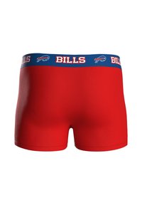 Boxer rossi con fascia elastica blu con la scritta "BILLS" e il logo della squadra. Tessuto liscio, design aderente.