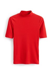 Rød kortærmet turtle neck-top lavet af ribbet materiale, med et tætsiddende design og glat tekstur med en ensfarvet overflade.