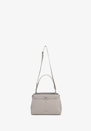 Light gray rectangular leather handbag with top handle, adjustable shoulder strap, and small silver clasp on front against white background.