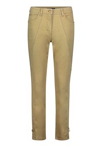 Khaki skinny džíny vyrobené z bavlněné směsi, s dvěma předními kapsami, dekoračními švy a dvěma knoflíky na kotnících pro úpravu.