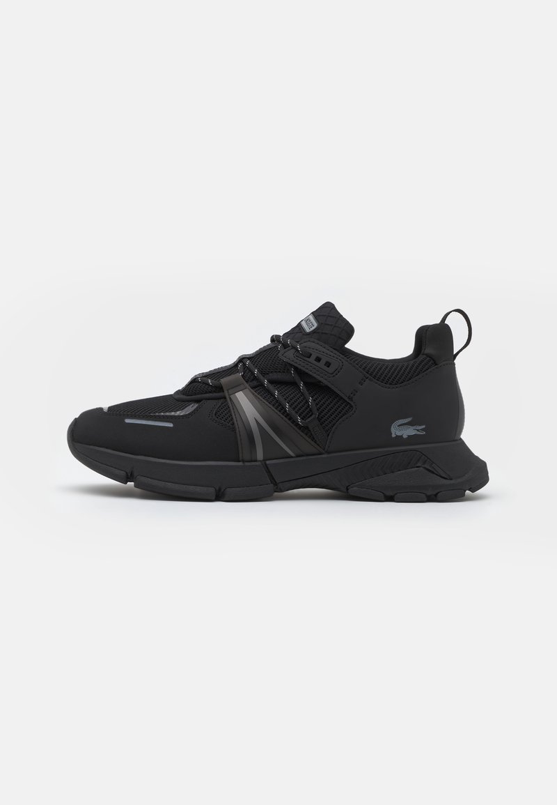 Black athletic shoes with a mesh upper, rubber sole, elastic laces, and a prominent logo detail on the side. Features a textured heel.