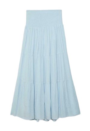Lyseblå flerlagede maxinederdel med bredsmokket talje og diskrete lodrette shimmerdetaljer.