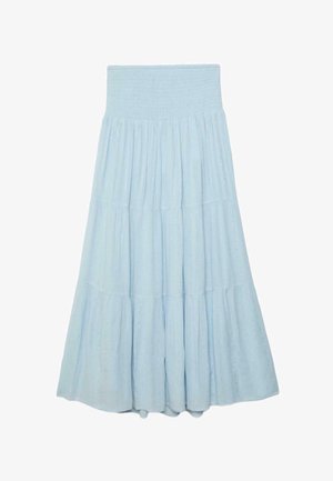 Svijetloplava maksi suknja u slojevima s širokim naboranim pojasom i suptilnim okomitim sjajnim detaljima.