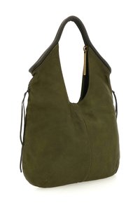 Borsa hobo in pelle verde oliva con bordi scuri, manico singolo, zip dorata e dettagli con lacci in pelle laterali.
