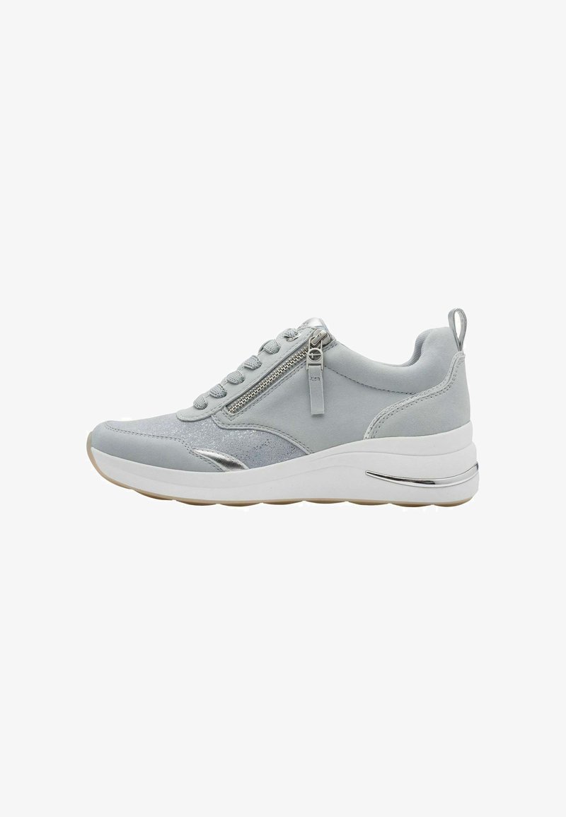 Light grey sneaker with lace-up front, side zipper, white chunky sole, metallic accents, and pull tab at heel, shown from outer side.