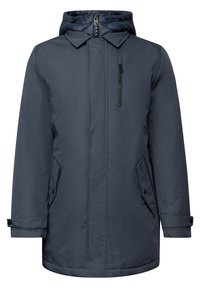 Námořnická modrá zateplená bunda s kapucí, zipem na přední straně a náprsní kapsou, bočními kapsami a nastavitelnými manžetami. Hladká, lehká tkanina.
