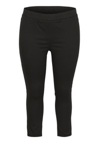 Leggings capri neri realizzati in tessuto elastico, con una ampia cintura elastica e superficie liscia, adatti per attività sportive o per un look casual.