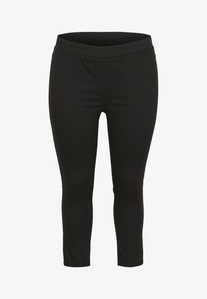 Leggings capri noirs en tissu extensible, dotés d'une large ceinture élastique et d'une surface lisse, adaptés pour un usage actif ou décontracté.