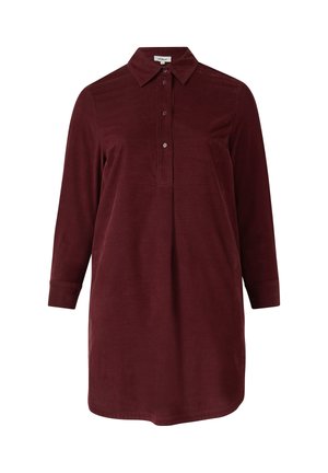 Abito camicia bordeaux in corduroy, dotato di collo a camicia, maniche lunghe, bottoni sul davanti e vestibilità comoda.