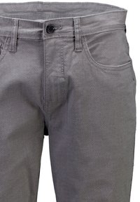 Harmaat tekstuurilla varustetut housut, joissa on hienovarainen timanttikuvio, yksinkertainen nappisuljenta, vyölenkit ja etutaskut.