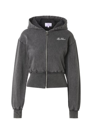 Houtskoolgrijze cropped hoodie met ritssluiting aan de voorkant, geribbelde boorden en zoom, lange mouwen, en witte geborduurde tekst "By Felicians" op de borst.