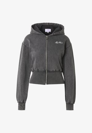 Kohlegrauer, kurz geschnittener Hoodie mit Frontreißverschluss, gerippten Bündchen und Saum, langen Ärmeln und weiß besticktem "By Felicians" Schriftzug auf der Brust.