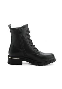 Bottine en cuir noir avec une finition lisse, dotée de lacets à l'avant, d'une fermeture éclair sur le côté et d'une semelle noire robuste avec des accents dorés.