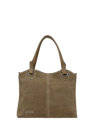 Sac cabas en daim marron avec double poignée et ferrures argentées, avec un logo de marque subtil en bas à gauche à l’avant.