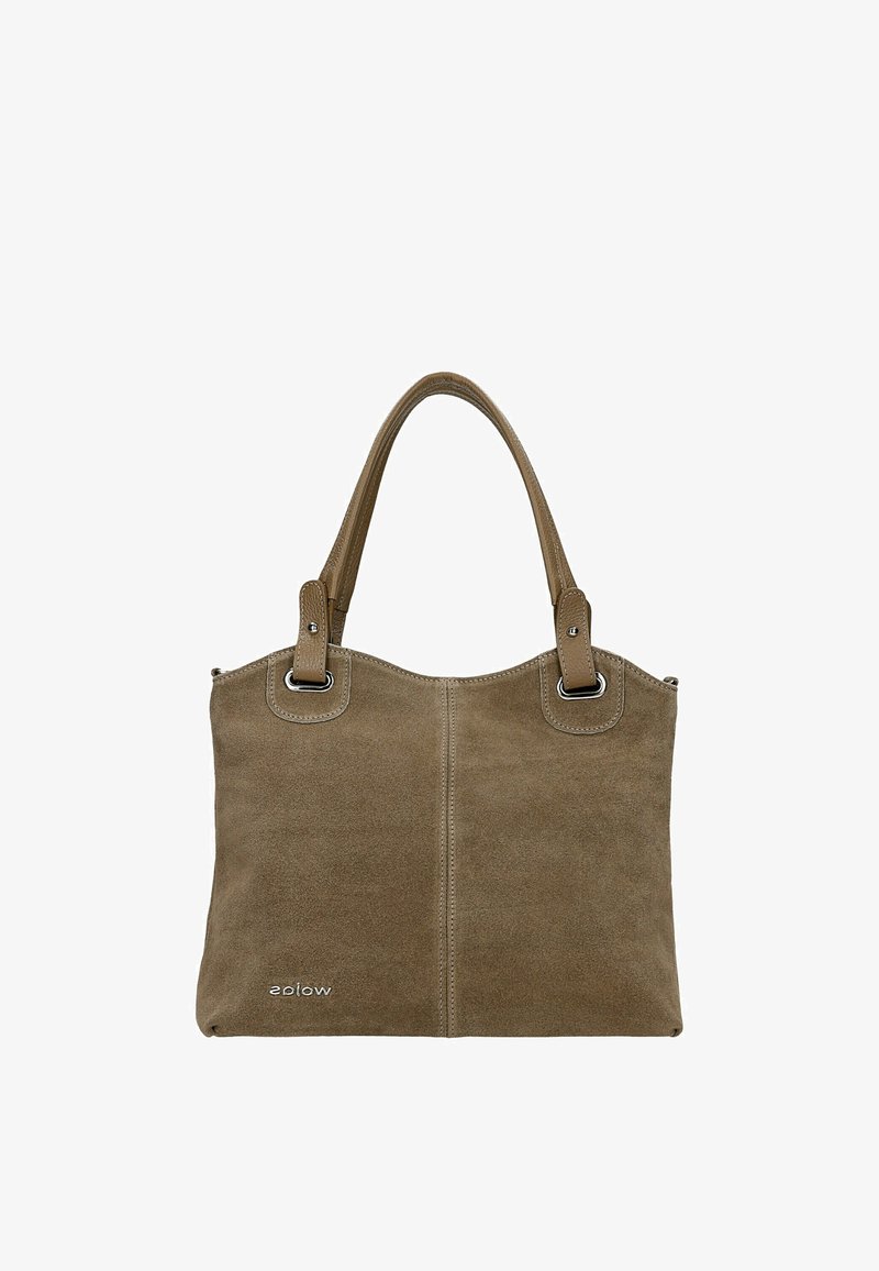 Sac cabas en daim marron avec double poignée et ferrures argentées, avec un logo de marque subtil en bas à gauche à l’avant.