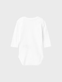 Body a maniche lunghe per neonati in cotone bianco. Presenta un collo rotondo e chiusure con bottoni a pressione sul fondo per un facile vestire. Design semplice, senza fantasie.