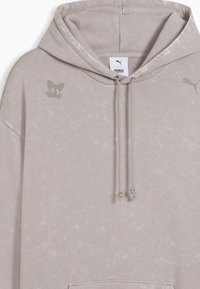 Lys grå pullover hoodie lavet af blødt stof. Har et cartoon katte-logo og gule detaljer på snoretræk. Inkluderer en front kangaroo lomme.