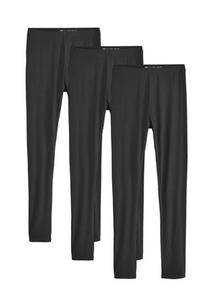 Mustat kokopitkät legginsit, jotka on valmistettu pehmeästä stretch-materiaalista ja joissa on leveä vyötärönauha sekä sileä pinta. Kolme paria esillä yhdessä.