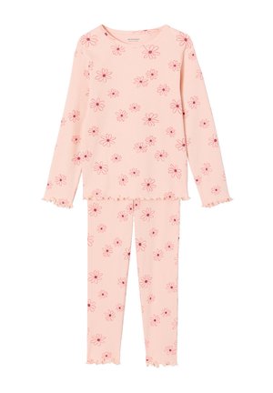 Light pink ribbed long-sleeve top and pants set with ruffled edges, decorated with scattered red and pink daisy flower prints.