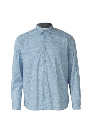 Hellblaues Langarmhemd mit einem dezenten Blumenmuster, Knopfleiste vorne und klassischem Kragen. Hergestellt aus weichem, strukturiertem Stoff.