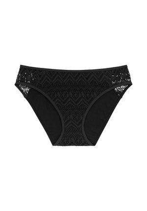 Čierne bikiny s dnom, ktoré majú kombinovaný dizajn hladkej tkaniny a háčkovanej čipky so zigzag vzorom na páse a po stranách.