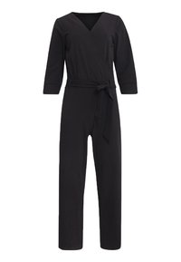 Schwarzer Jumpsuit mit V-Ausschnitt, drei Viertelärmeln, Wickeldesign und einem gebundenen Gürtel in der Taille. Hergestellt aus glattem, dehnbarem Stoff.