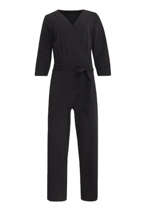 Schwarzer Jumpsuit mit V-Ausschnitt, drei Viertelärmeln, Wickeldesign und einem gebundenen Gürtel in der Taille. Hergestellt aus glattem, dehnbarem Stoff.