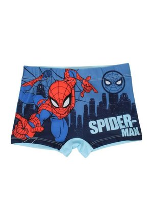 Shorts de bain bleus avec un motif graphique de Spider-Man et une silhouette de ville. Le design comprend des couleurs rouges et bleues, avec une taille et des bordures bleues.