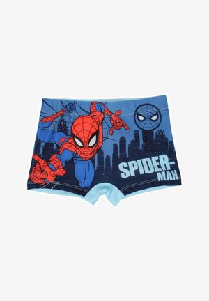Shorts de bain bleus avec un motif graphique de Spider-Man et une silhouette de ville. Le design comprend des couleurs rouges et bleues, avec une taille et des bordures bleues.
