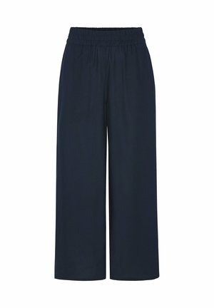 Marineblå vidde bukser med elastik i taljen, midterlængde og uden synlige lommer eller pynt.