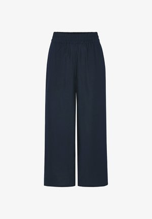 Marineblaue weite Hose mit elastischem Bund, mittlerer Länge und ohne sichtbare Taschen oder Verzierungen.